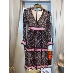 Kate Spade size 00 Sheer Long Sleeve Boho Style V Neckline Burgundy Wine Dress